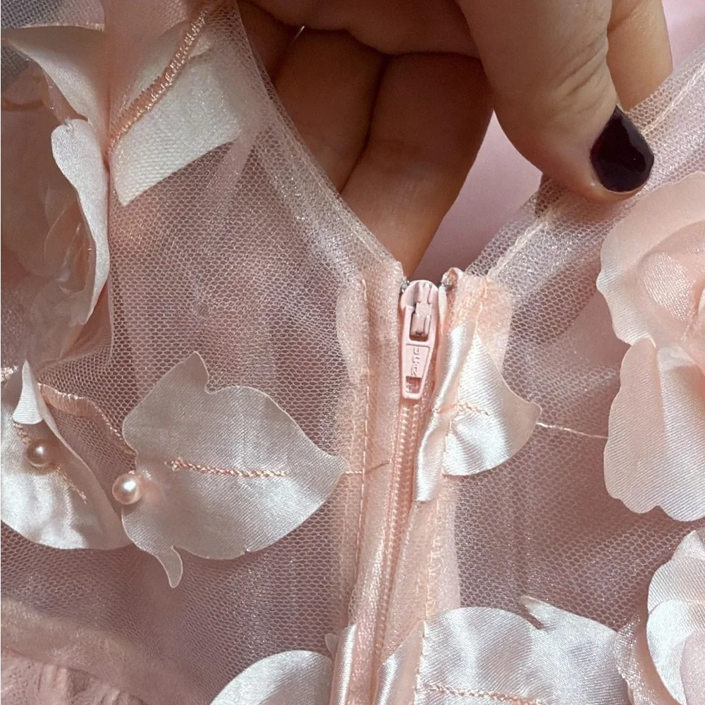 Girls Size 10 Blush Pink Floral Applique Tulle Party Dress w/ Satin Bow